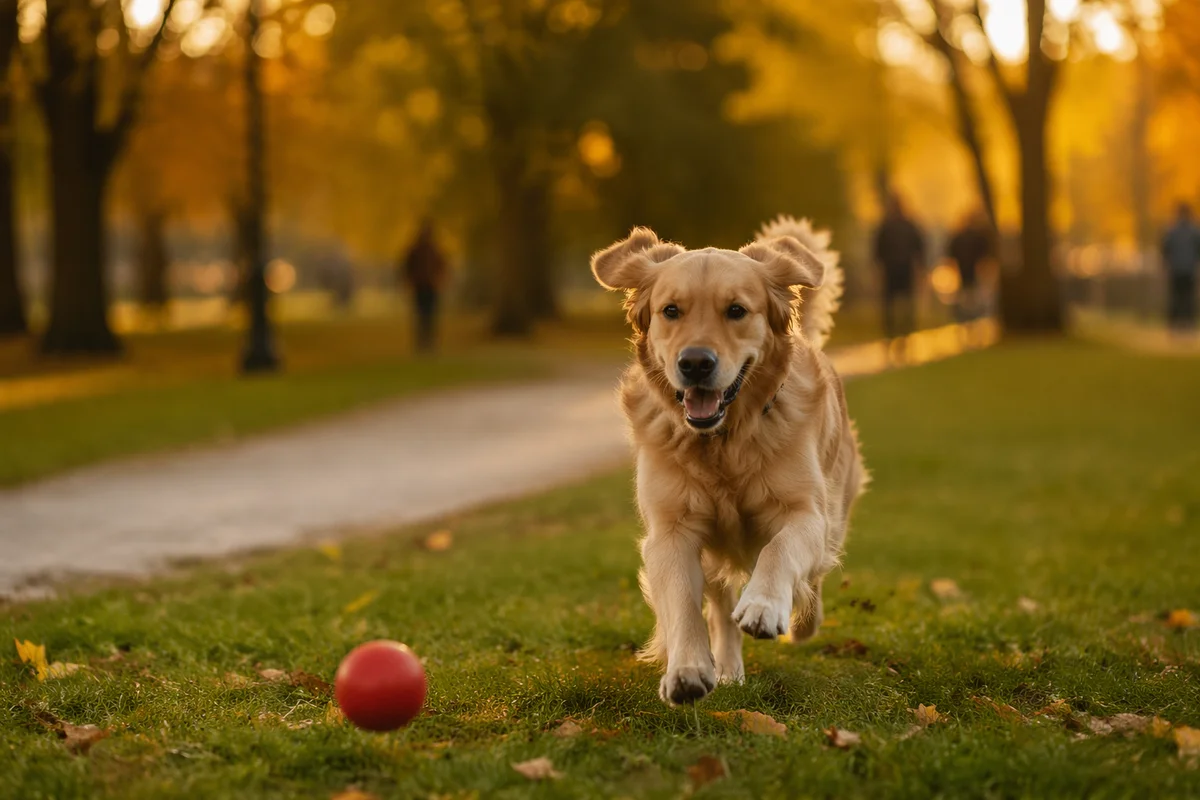 Joyful Golden Retriever Chasing Ball at Sunset