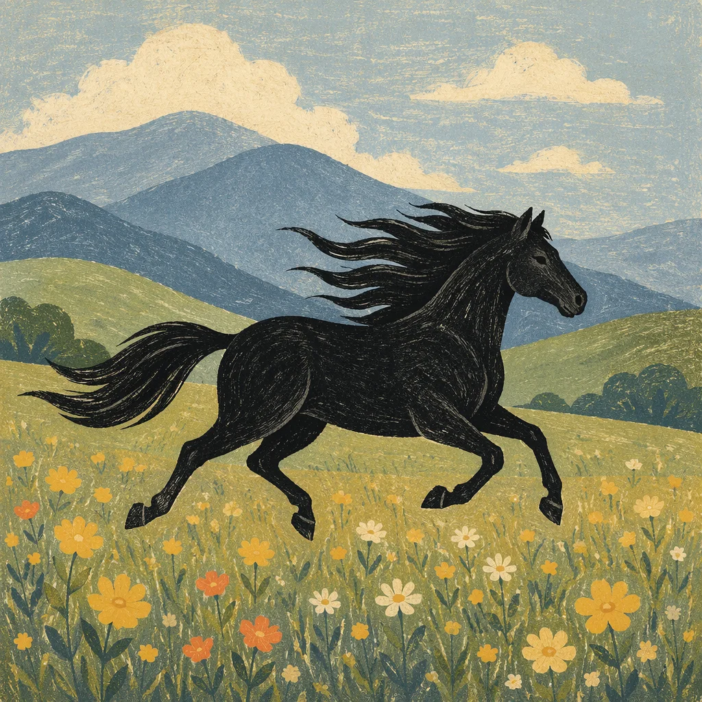 Majestic Black Horse Galloping Through Wildflower Meadow