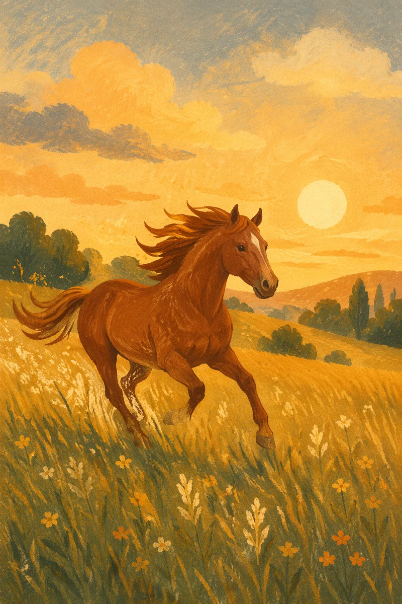 Majestic Horse Running Through Golden Meadow