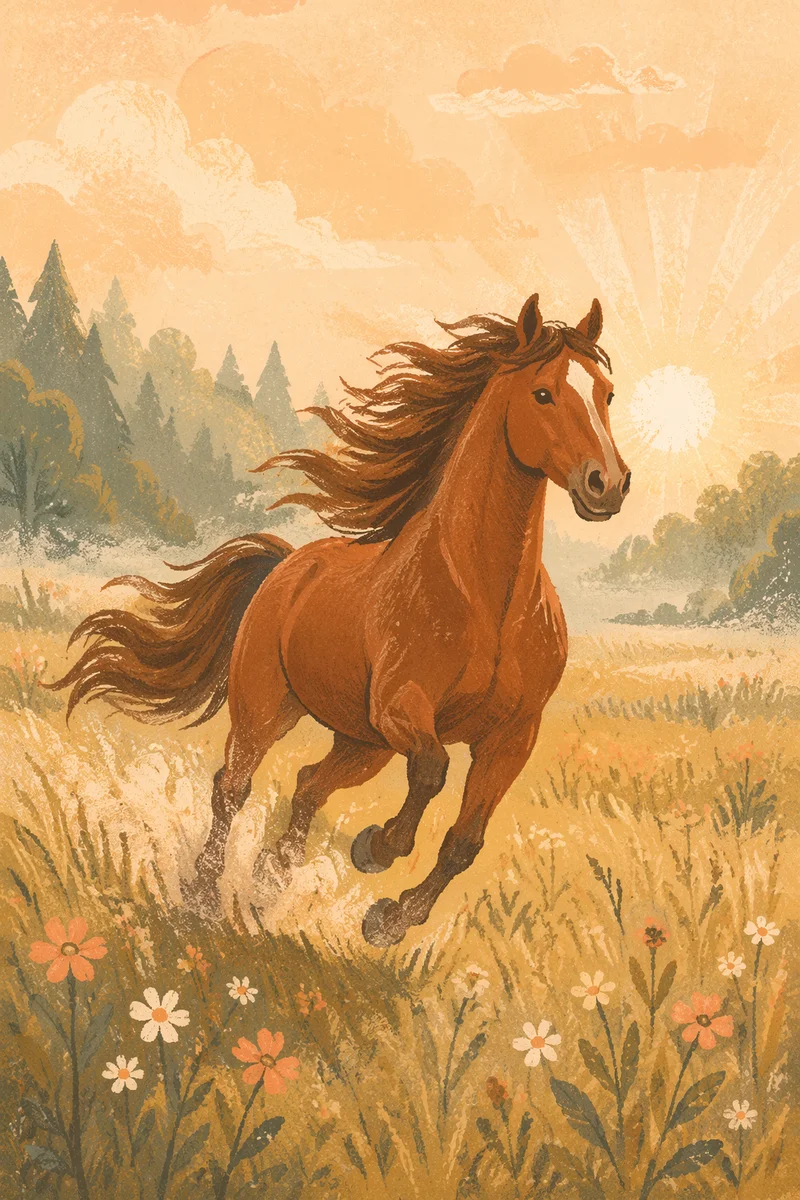 Majestic Chestnut Horse Running Through Meadow