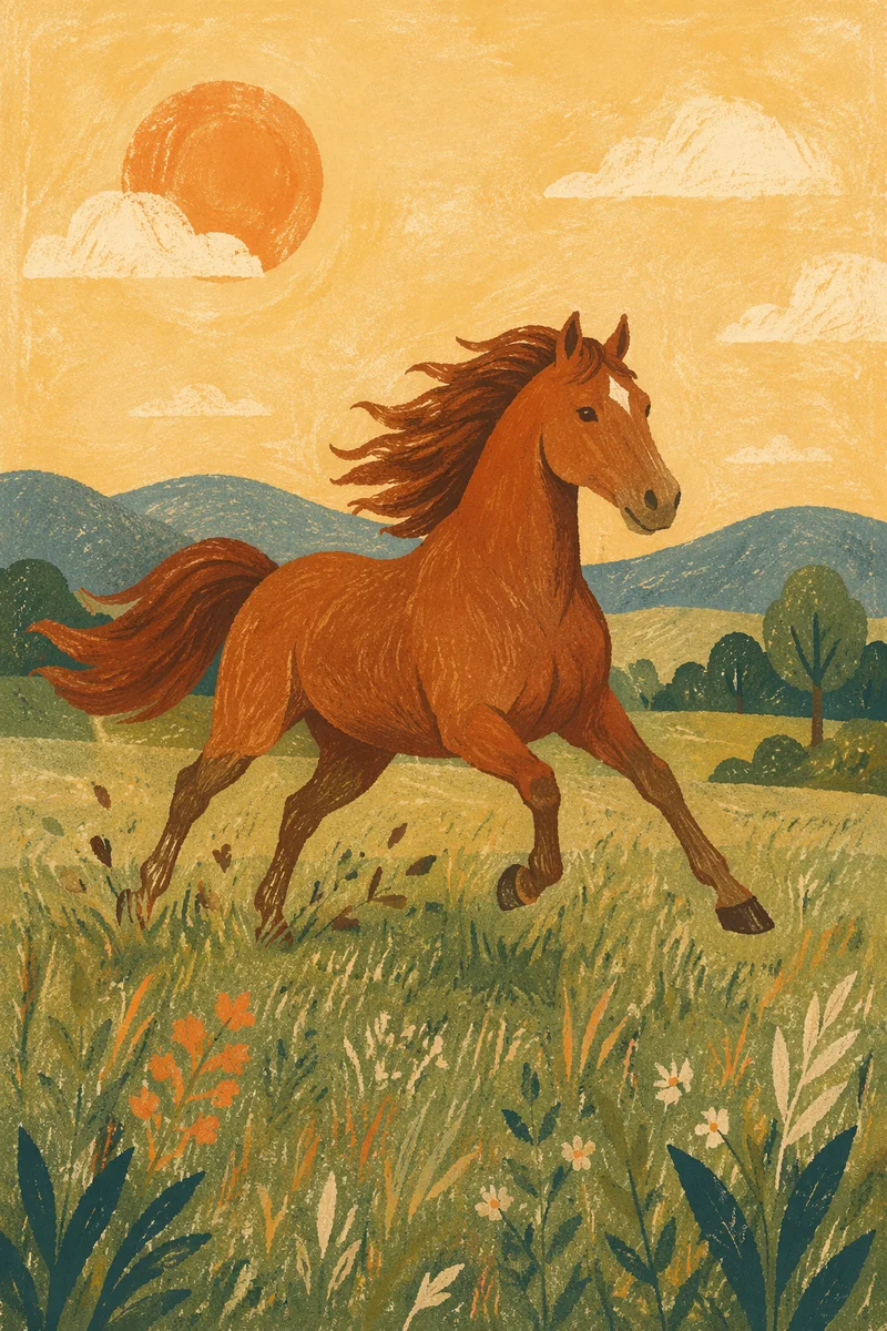 Majestic Chestnut Horse Running Through Meadow
