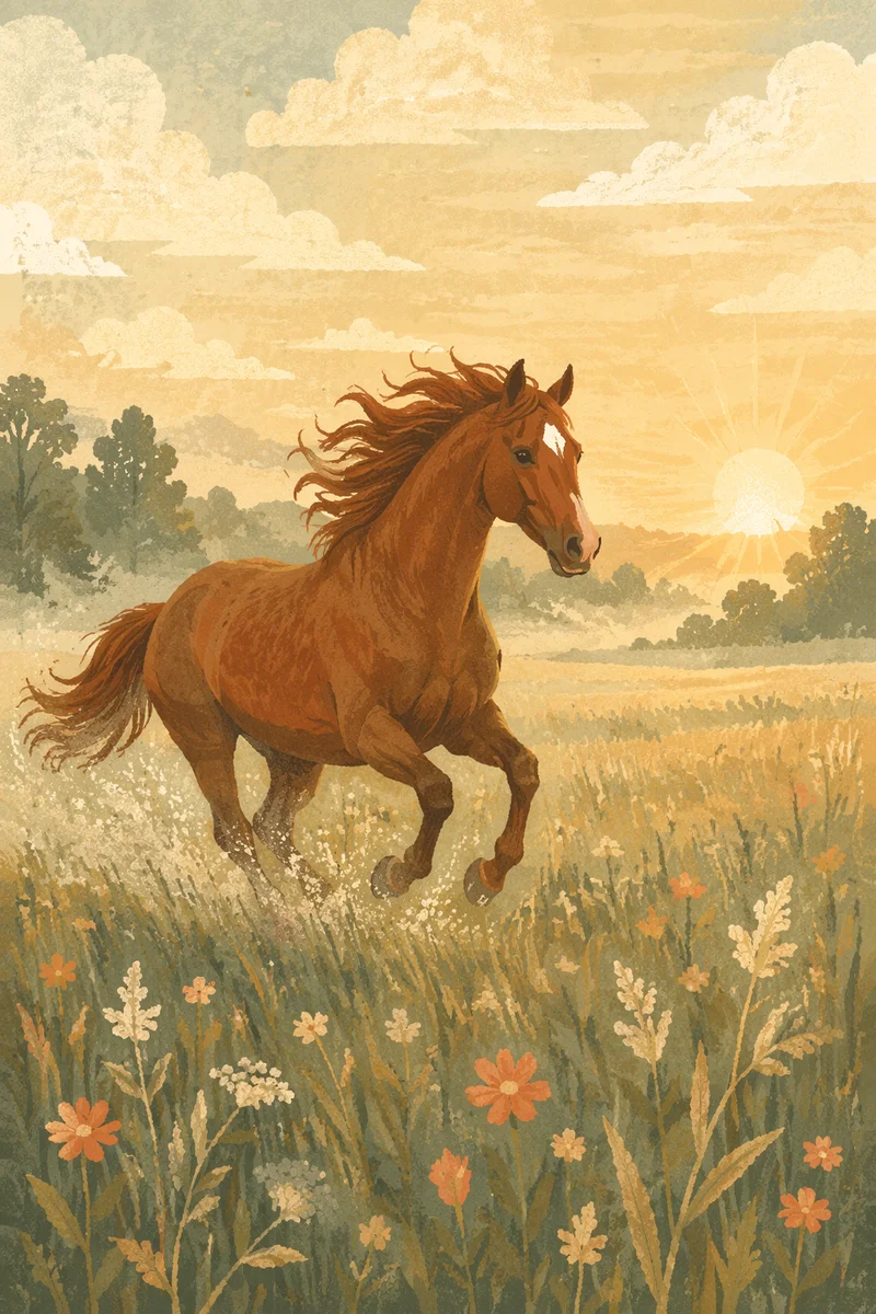 Majestic Chestnut Horse in Sunrise Meadow