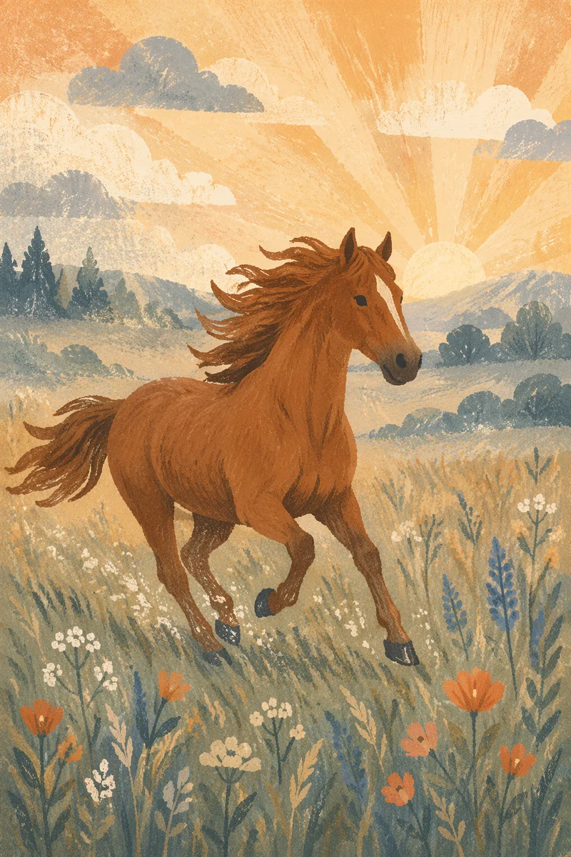 Majestic Chestnut Horse Running Through Meadow