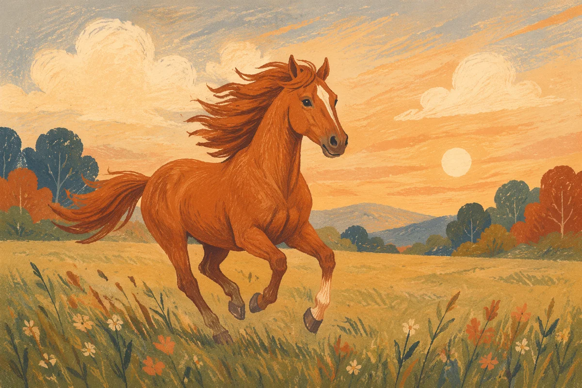 Majestic Chestnut Horse Running Through Meadow