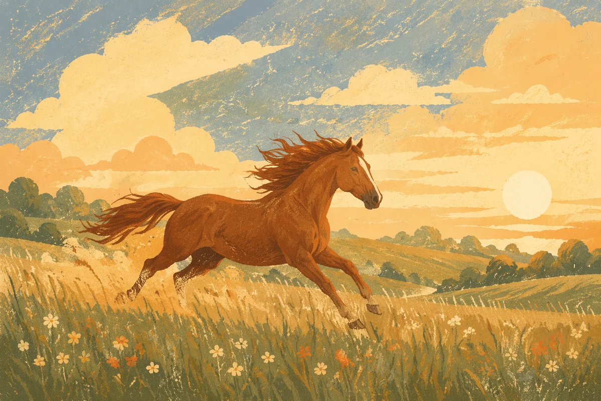 Majestic Chestnut Horse Running Through Summer Meadow