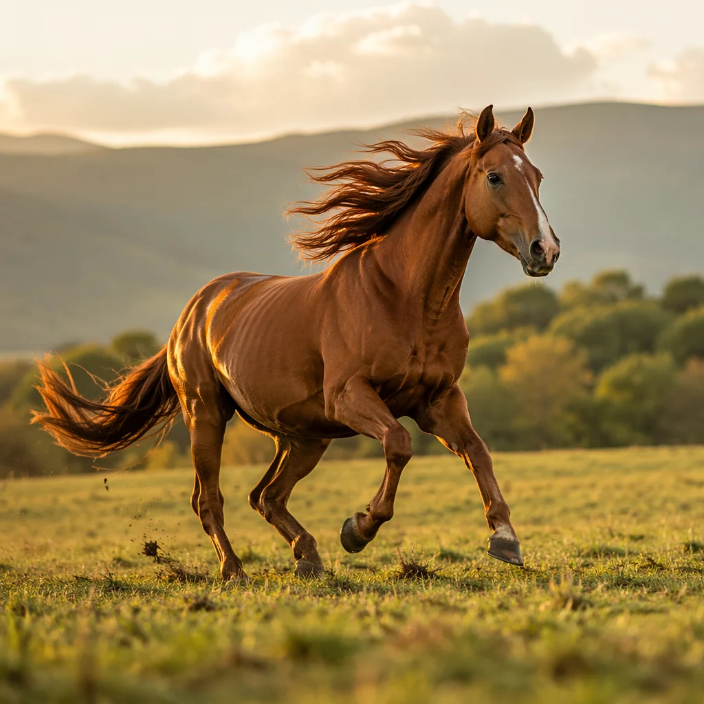 Majestic Chestnut Horse Running Through Meadow