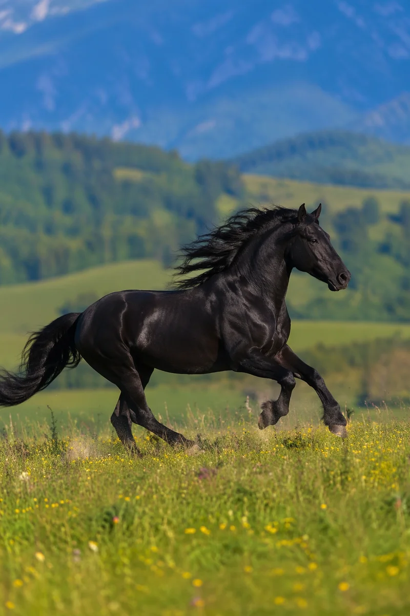 Majestic Black Horse Galloping Through Meadow