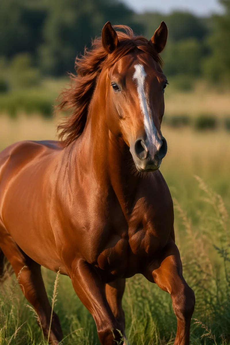 Majestic Chestnut Horse Running Through Meadow