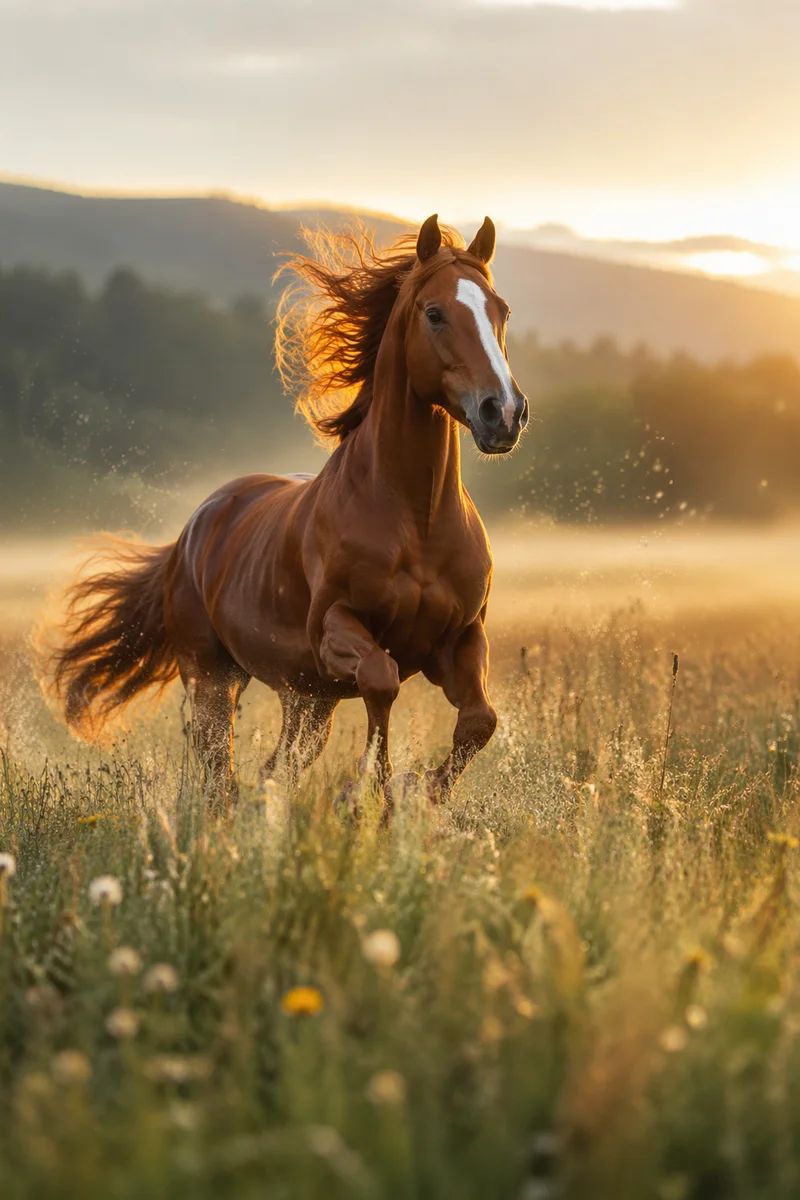 Majestic Chestnut Horse Running Through Meadow