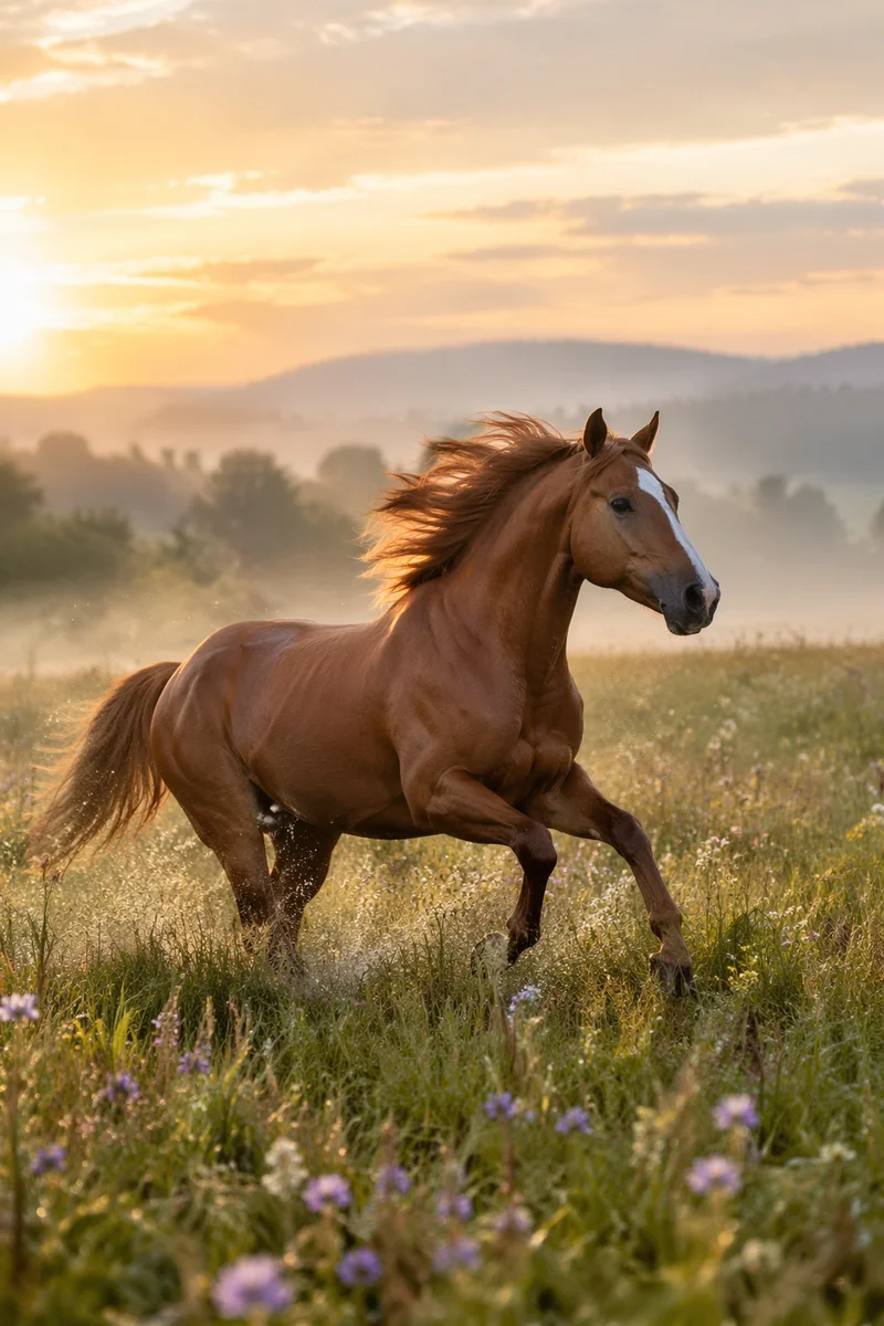 Majestic Chestnut Horse Running Through Sunrise Meadow
