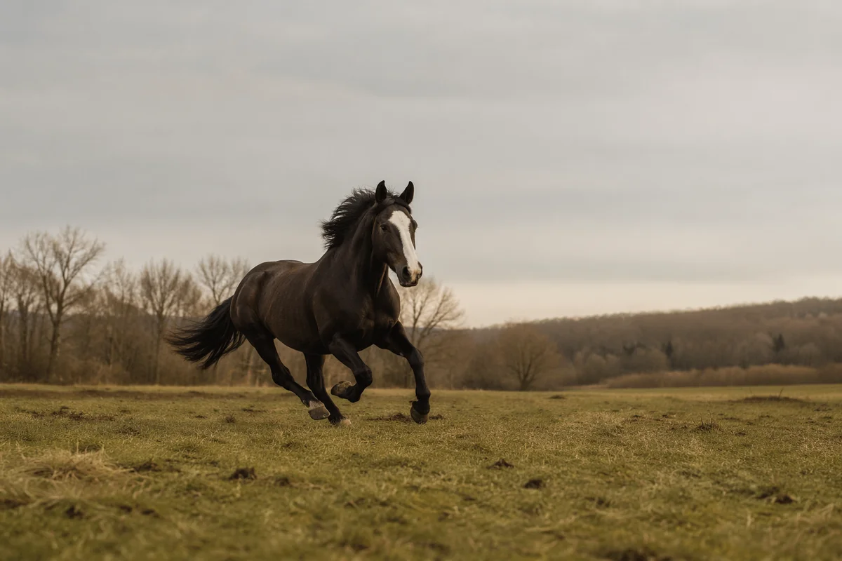Majestic Dark Horse Running Through Open Field