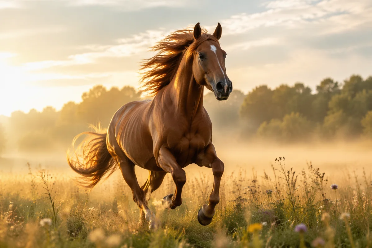 Majestic Chestnut Horse Running Through Meadow