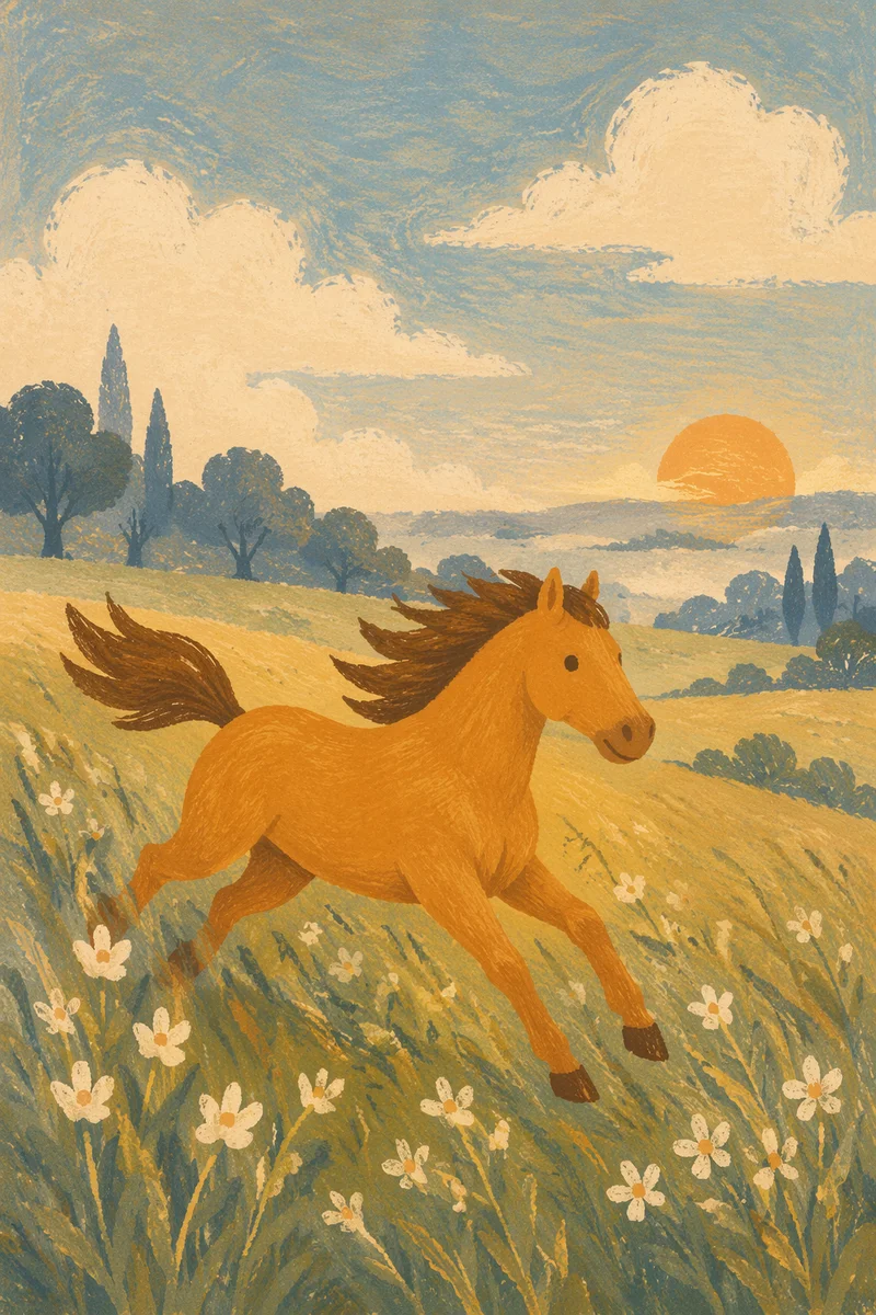 Chestnut Horse Racing Through Golden Meadow