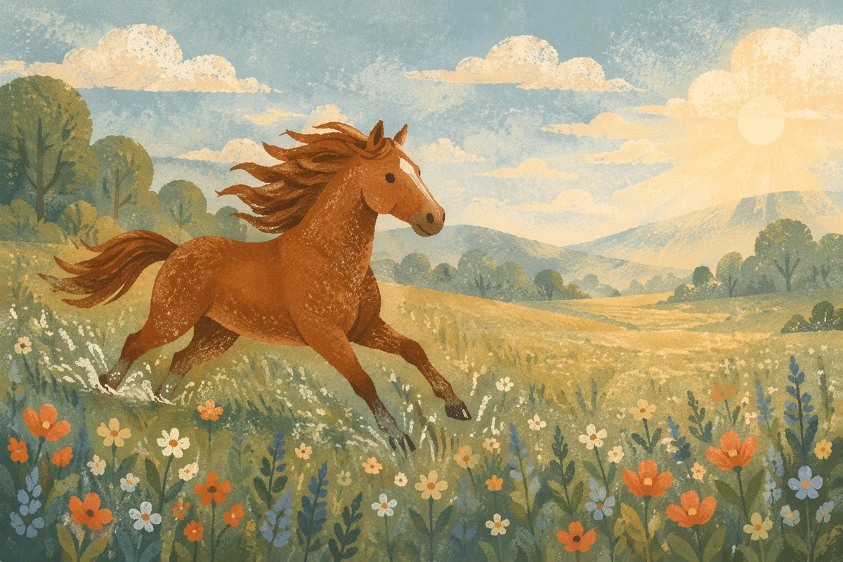 Chestnut Horse Galloping Through Spring Meadow