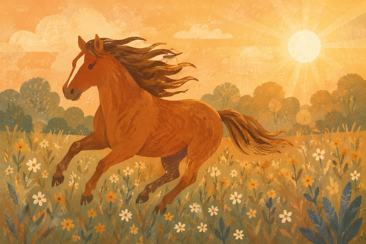 Chestnut Horse Running Through Golden Meadow