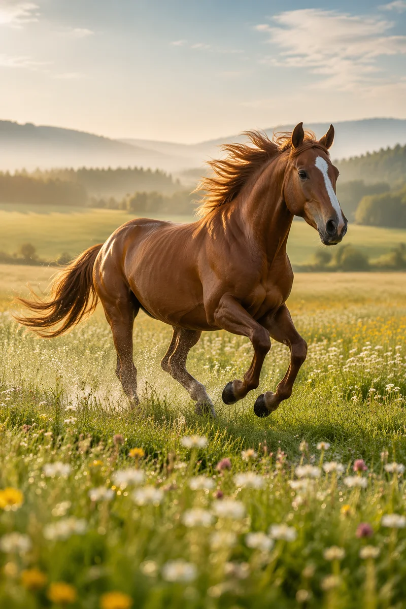 Chestnut Horse Galloping Through Spring Meadow