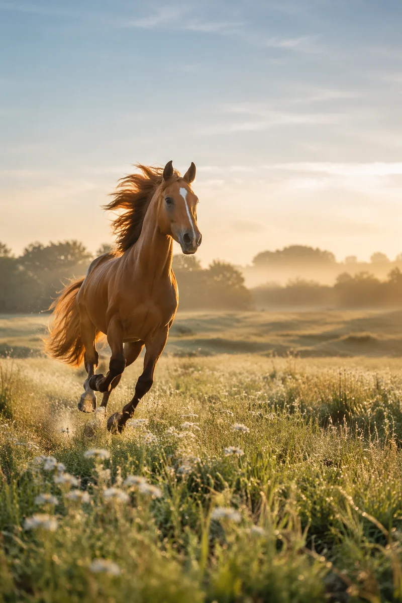 Chestnut Horse Galloping Through Sunrise Meadow