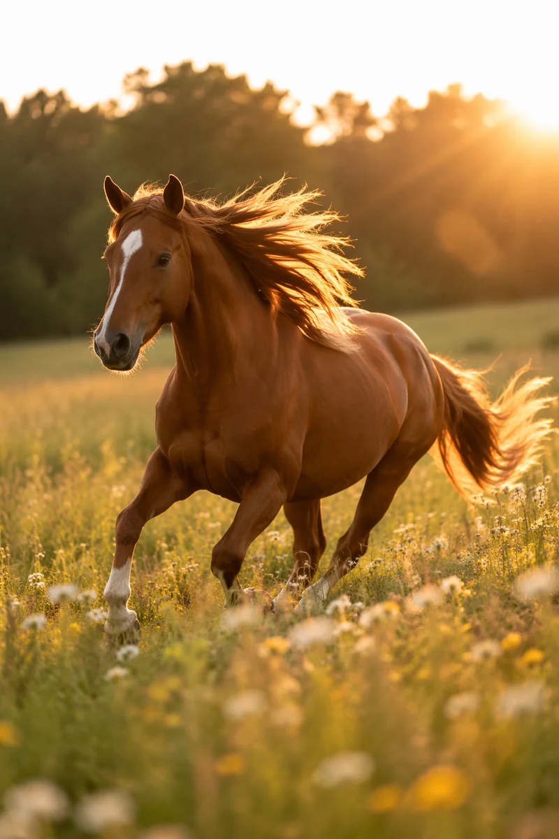 Chestnut Horse Running Through Golden Meadow