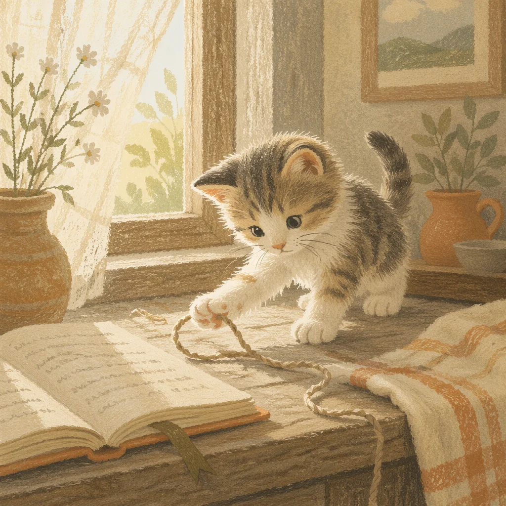 Playful Fluffy Kitten on Wooden Windowsill