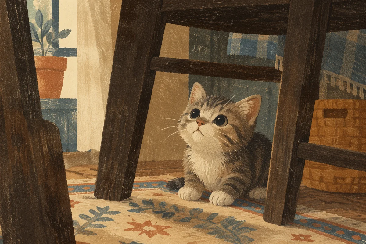Playful Fluffy Kitten in Cozy Wooden Room