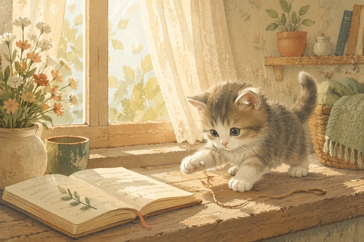 Fluffy Kitten Playing on Wooden Windowsill