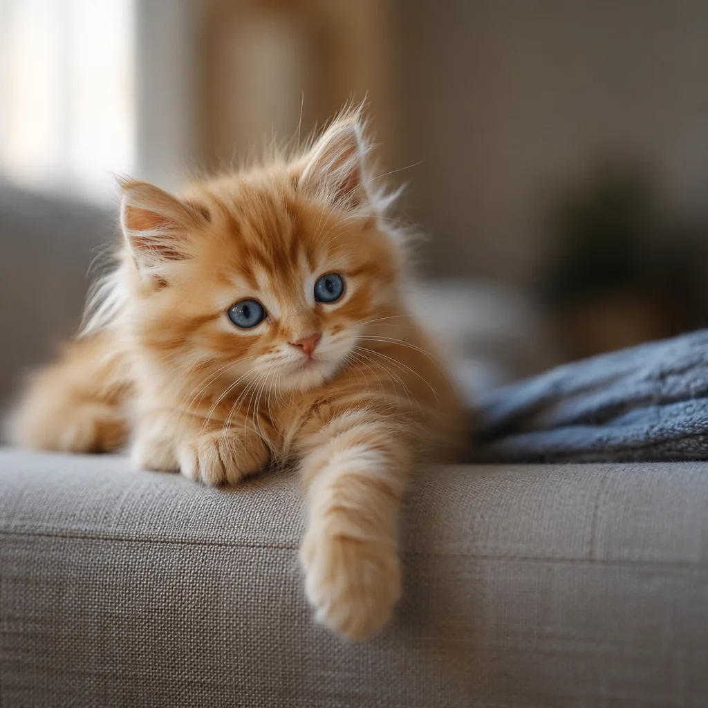 Playful Fluffy Ginger Kitten on Cozy Sofa
