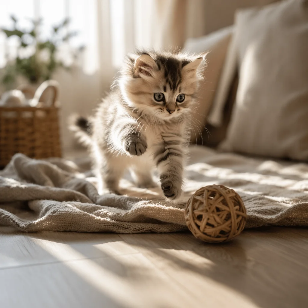 Playful Fluffy Kitten in Morning Sunlight