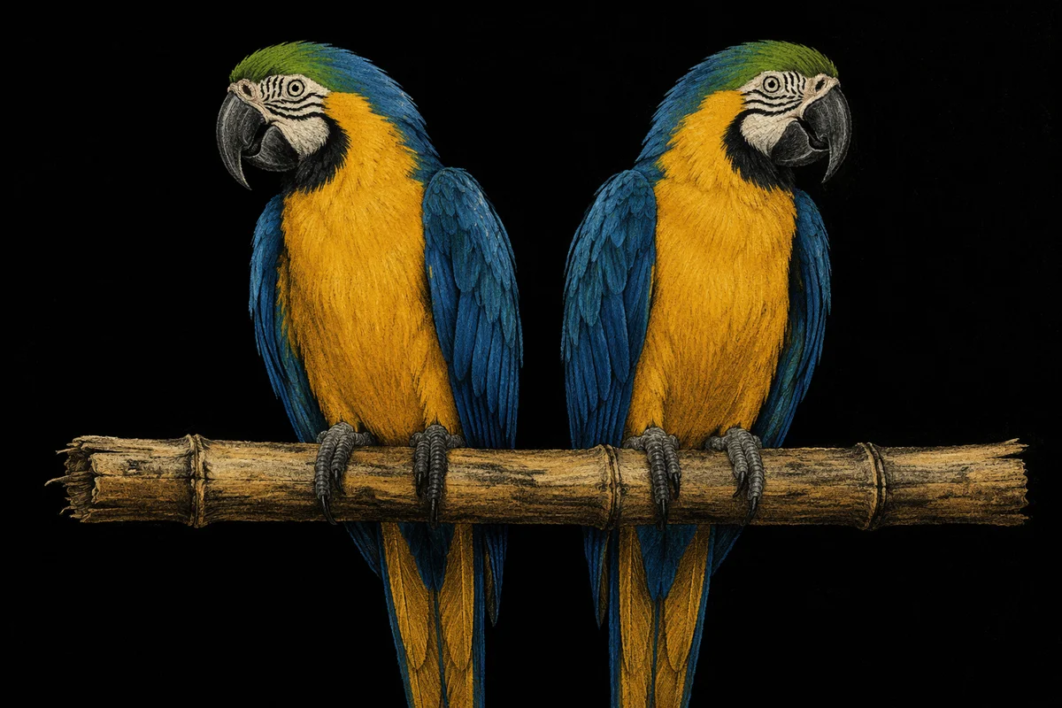 Colorful Tropical Parrots on Bamboo Perch