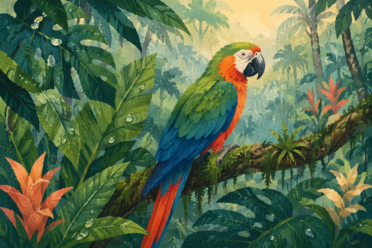 Colorful Tropical Parrot in Rainforest Morning Light