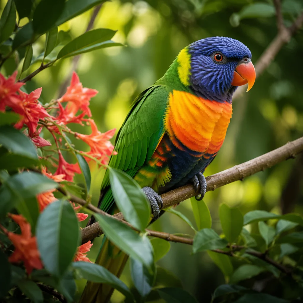 Colorful Tropical Parrot in Garden Foliage