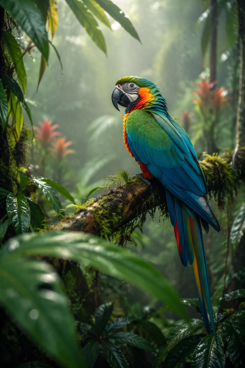 Colorful Tropical Parrot in Rainforest Canopy