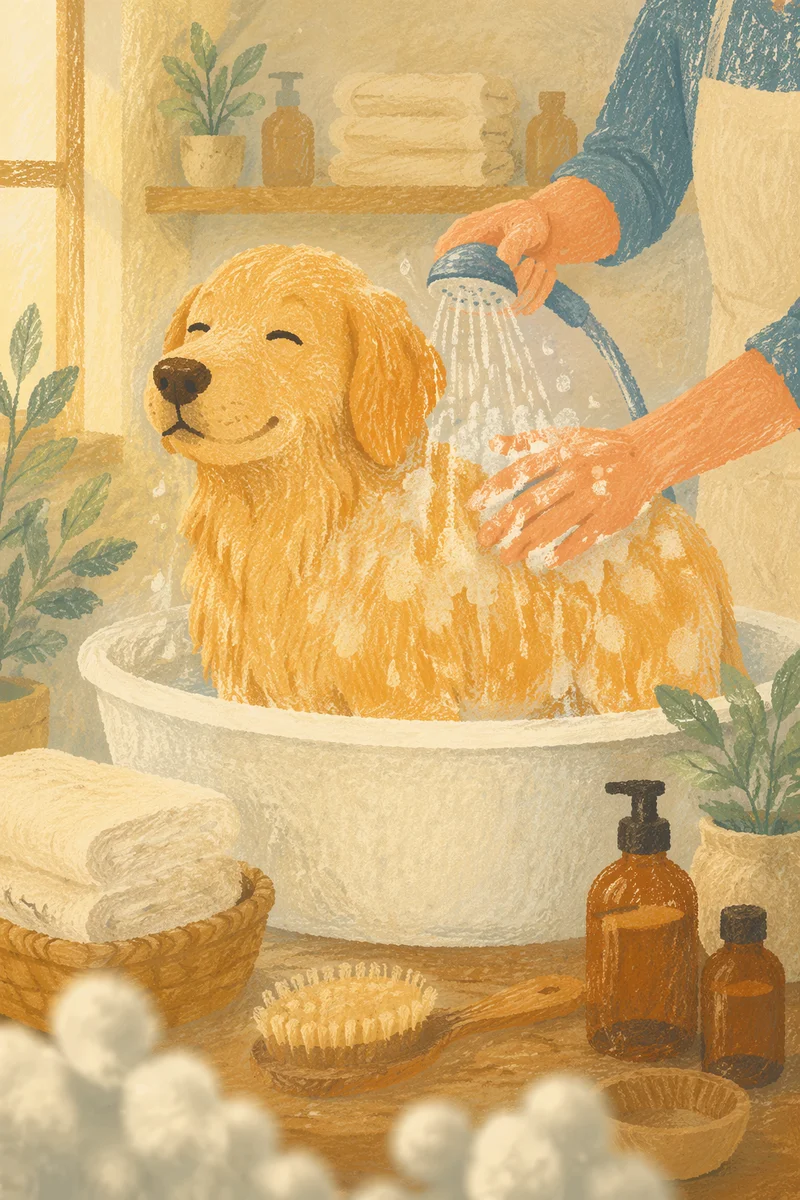 Golden Retriever Spa Bath in Cozy Grooming Studio