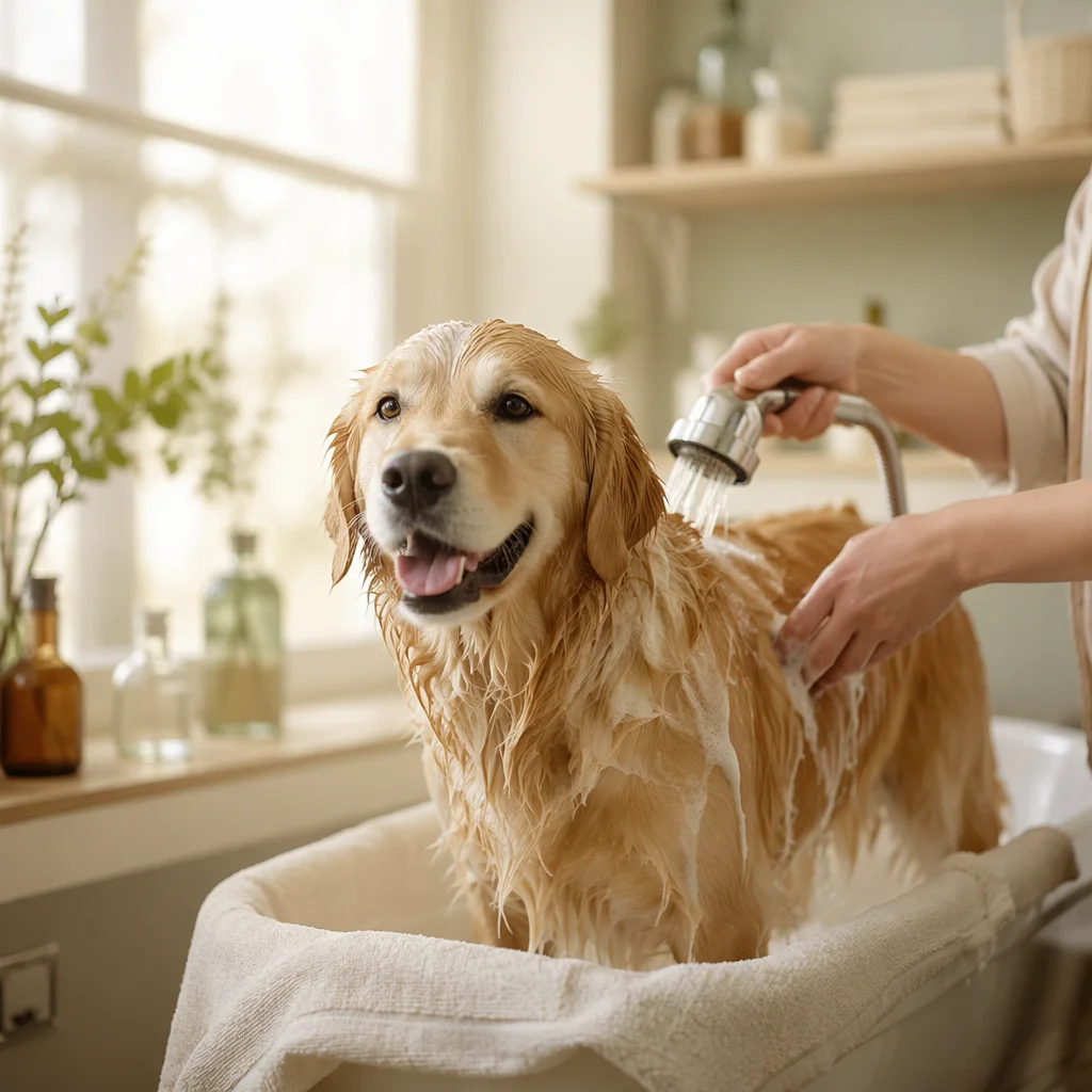 Golden Dog Enjoying Gentle Spa Bath
