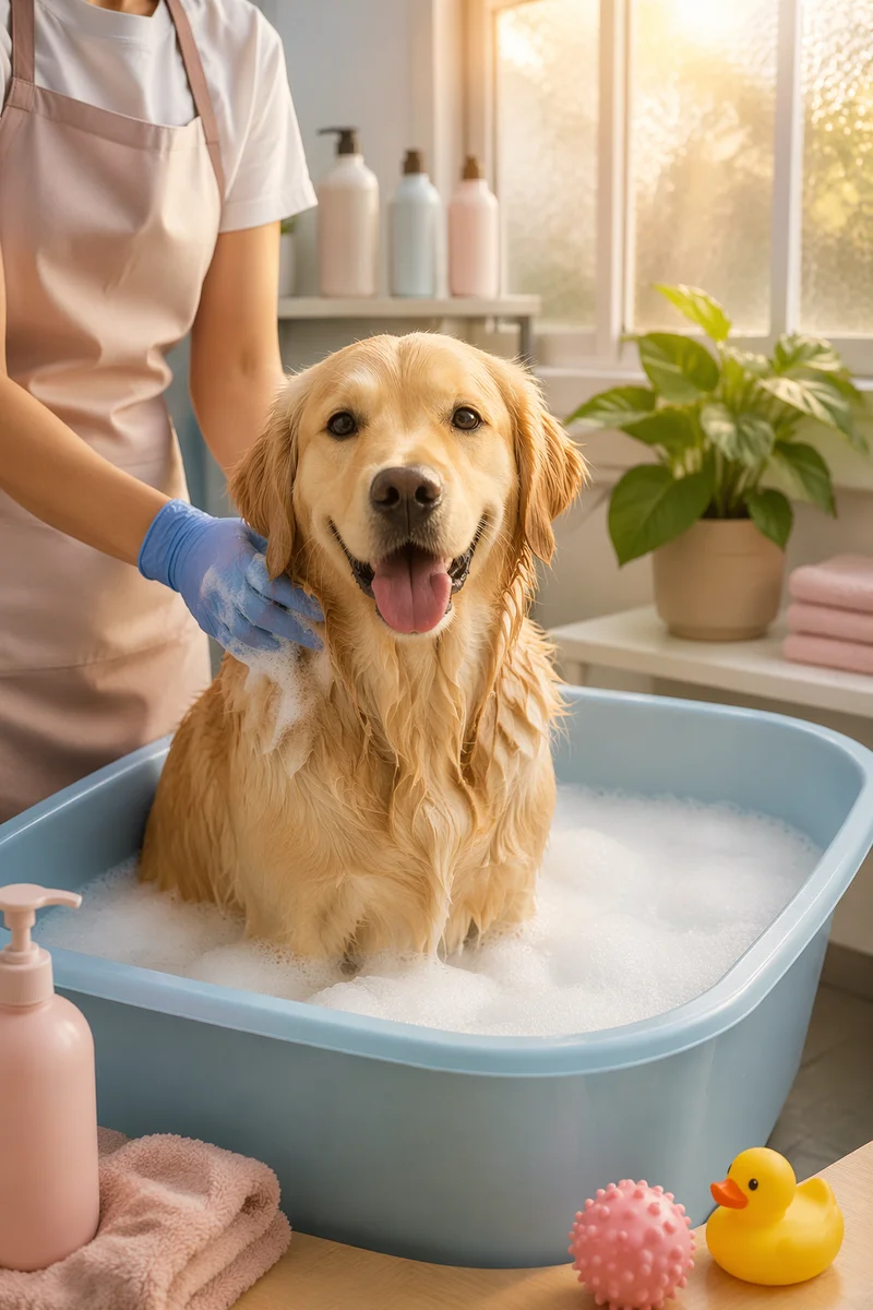 Golden Retriever Enjoying Cozy Spa Bath