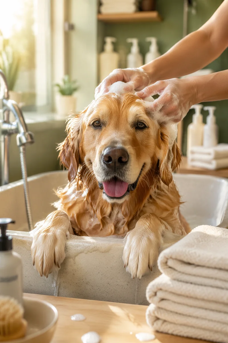 Calm Golden Retriever Spa Bath Close-Up