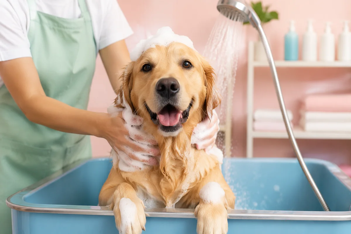 Cheerful Golden Retriever Spa Bath