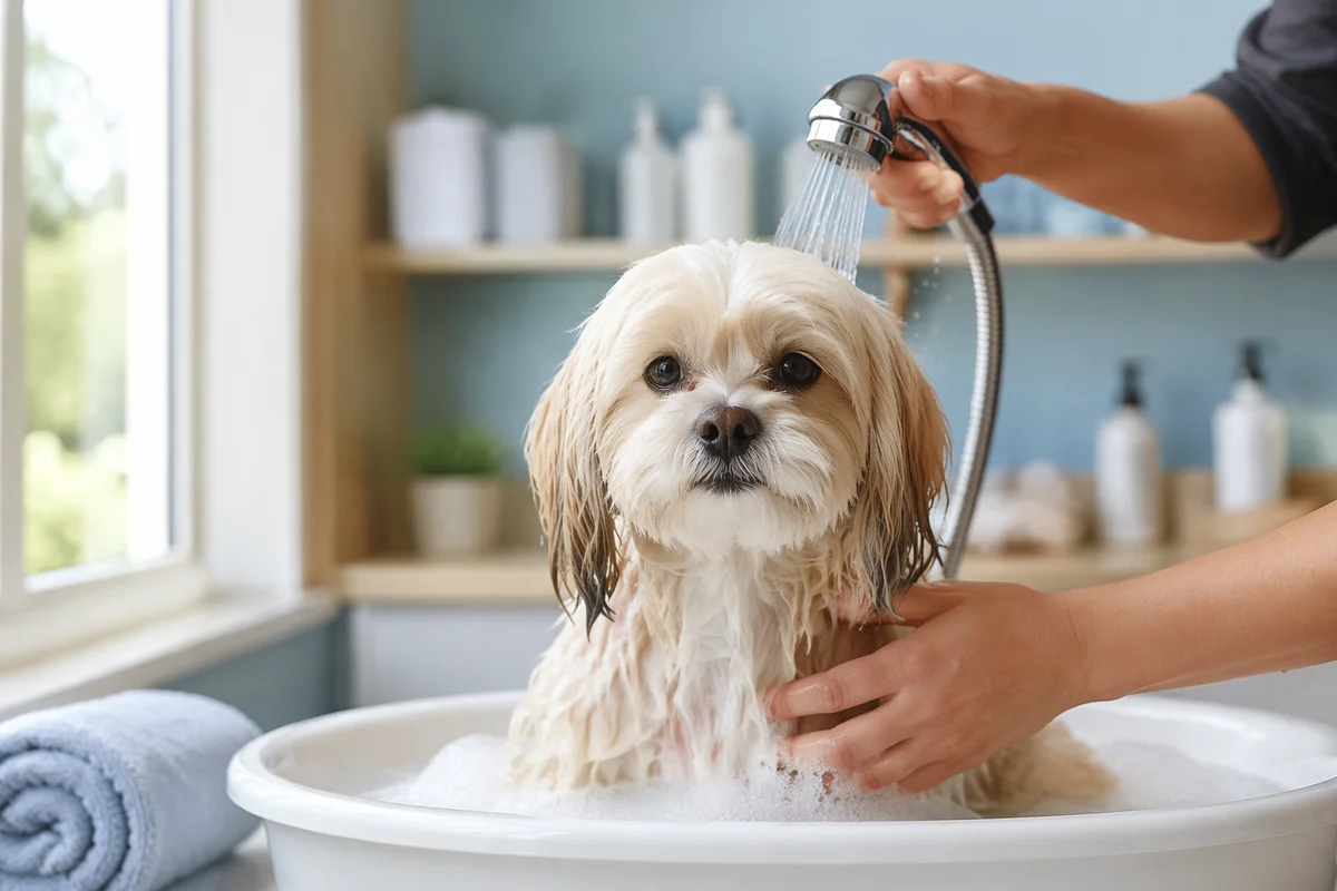 Fluffy Dog Relaxing in Grooming Spa Bath
