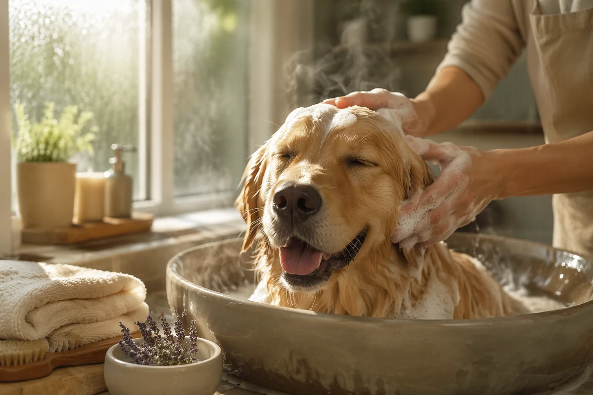 Golden Retriever Spa Bath in Warm Light