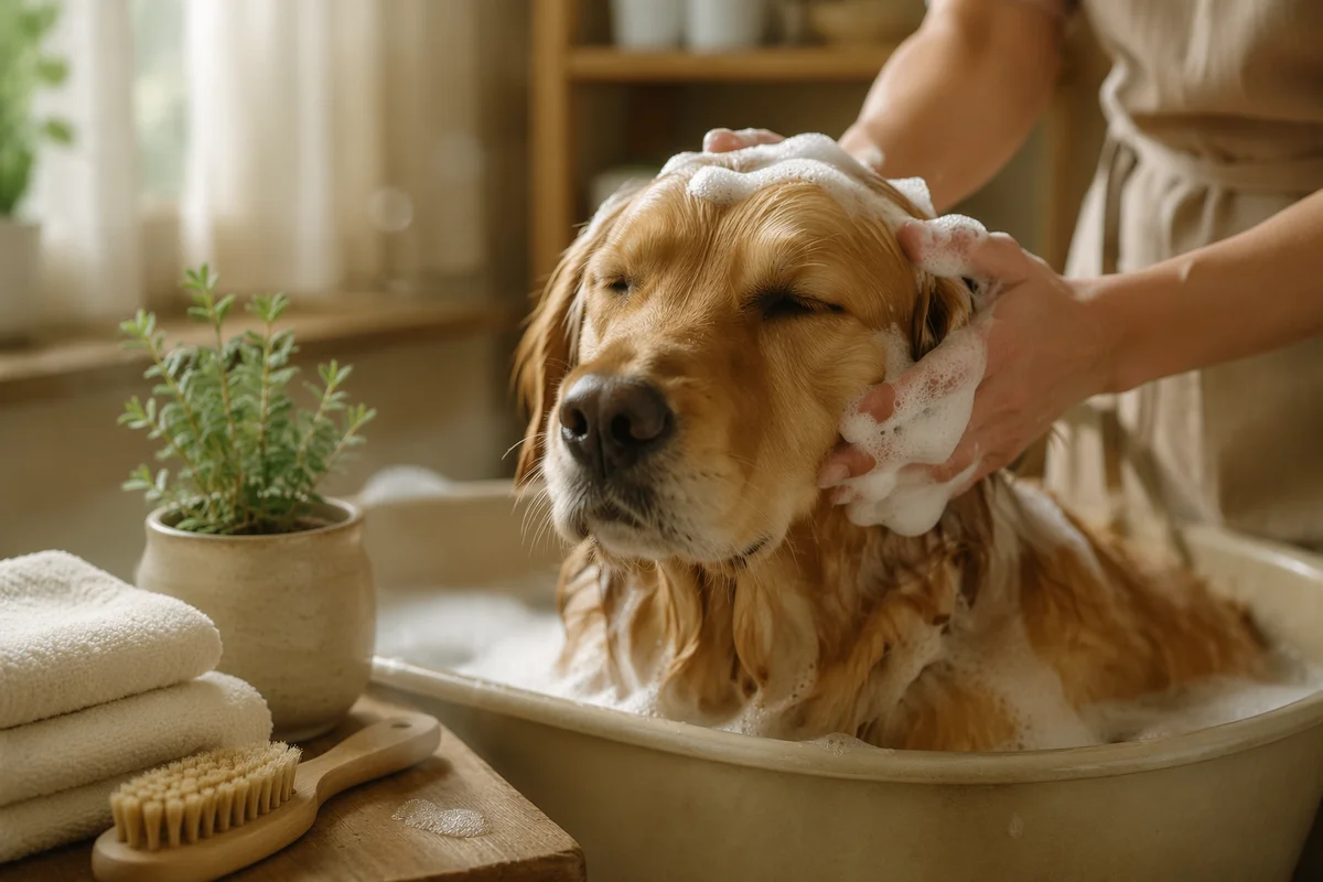 Golden Retriever Spa Bath in Cozy Grooming Room