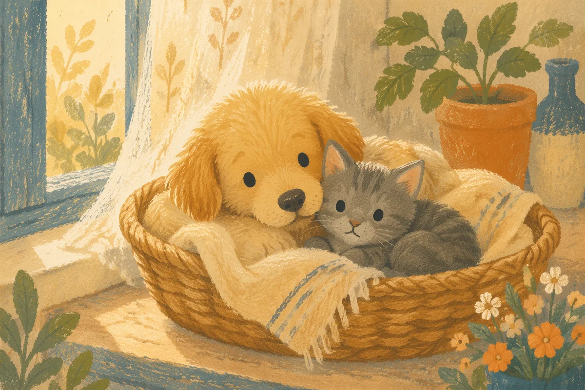 Cozy Puppy and Kitten Cottage Portrait