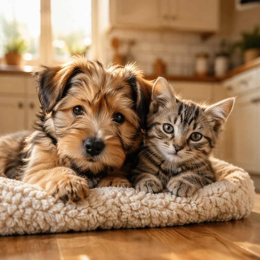 Adorable Puppy and Kitten Cuddled Together