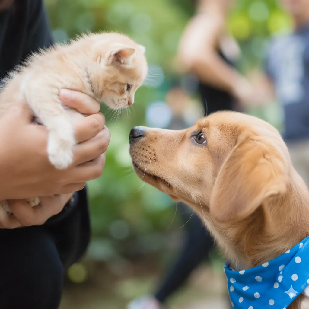Adorable Puppy Meeting Tiny Kitten Outdoors