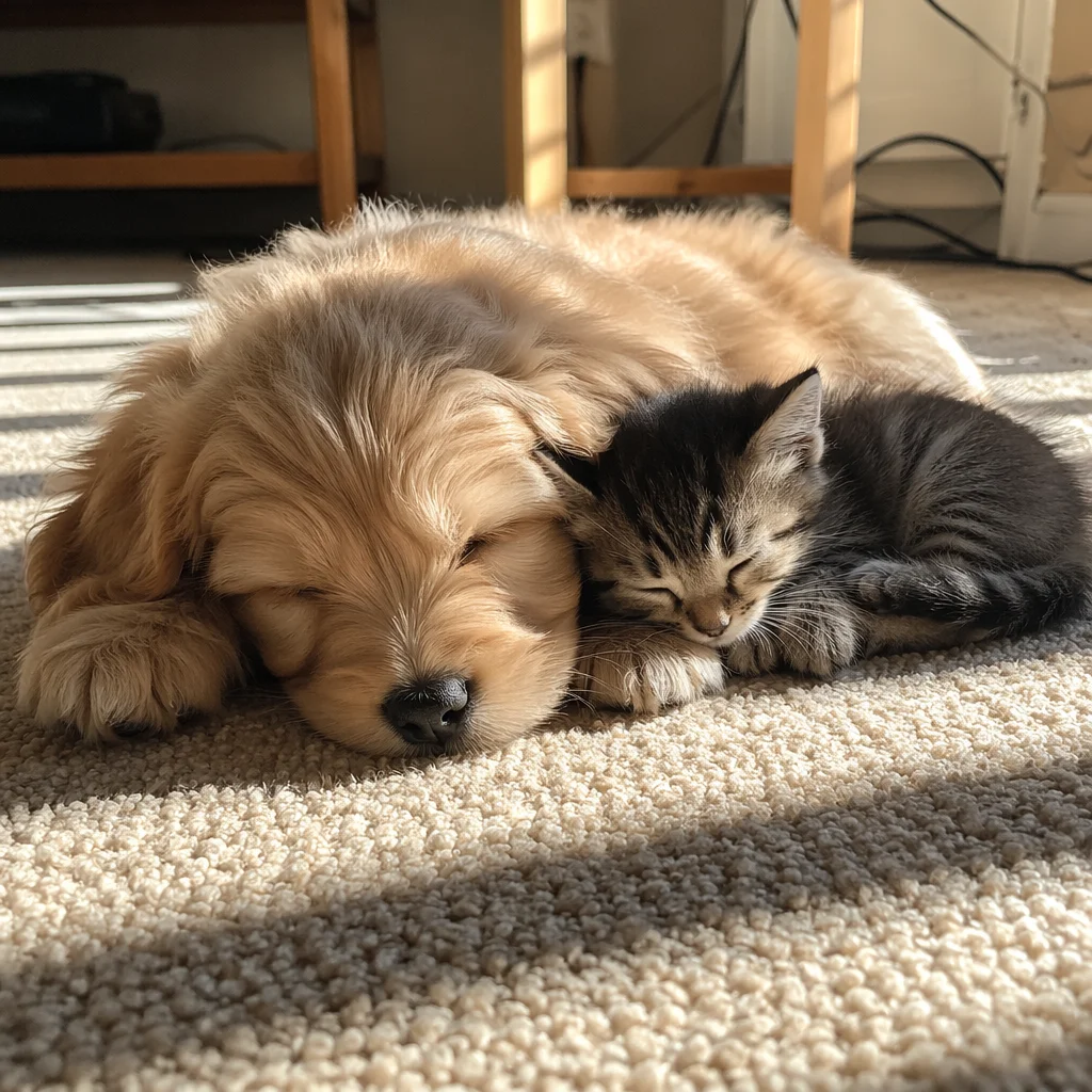 Sleeping Puppy and Kitten in Sunlight