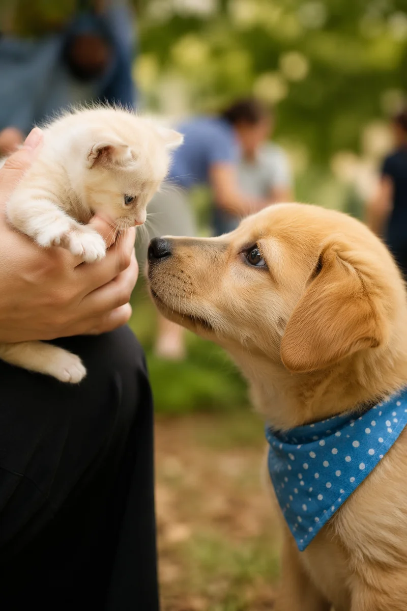 Adorable Puppy Meeting Tiny Kitten Outdoors
