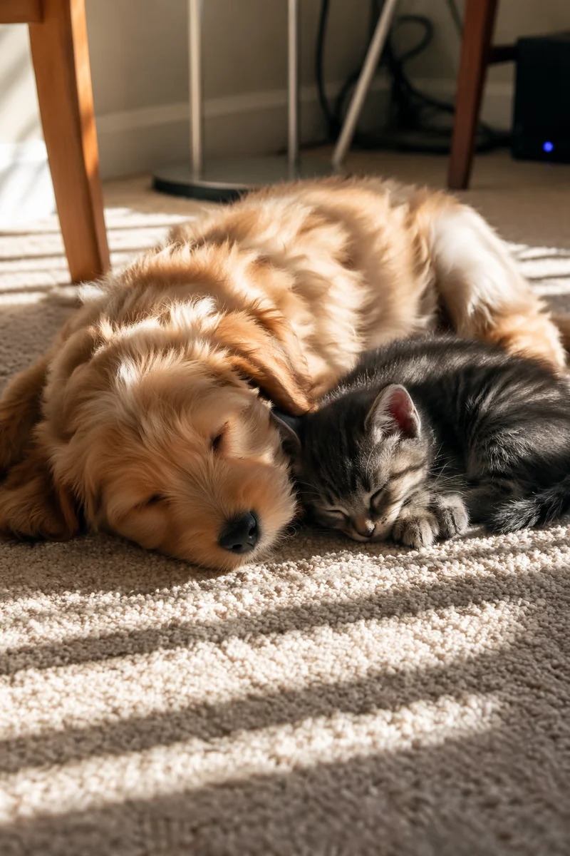 Sleeping Puppy and Kitten in Sunlight
