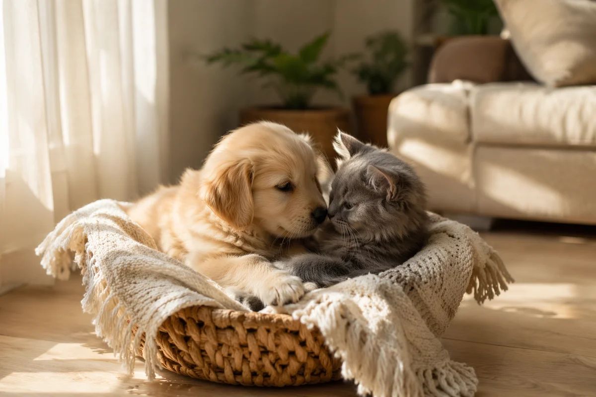 Adorable Puppy and Kitten in Basket