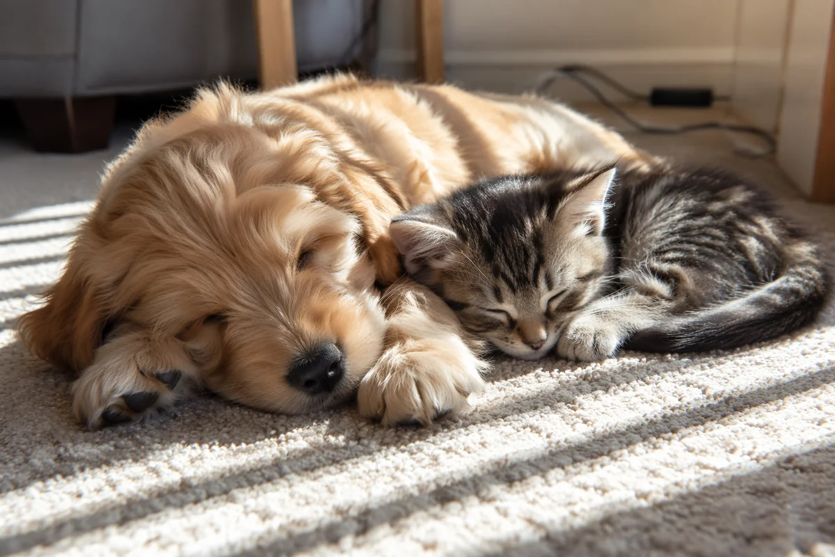 Sleeping Puppy and Kitten in Sunlight