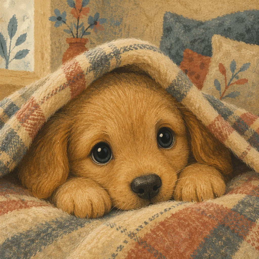 Adorable Golden Puppy in Cozy Plaid Blanket