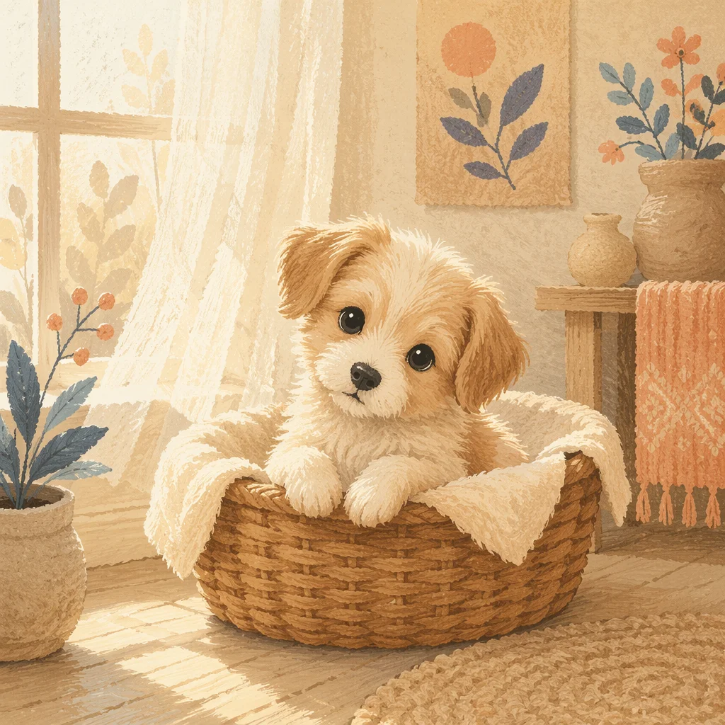 Adorable Fluffy Puppy by Sunlit Window