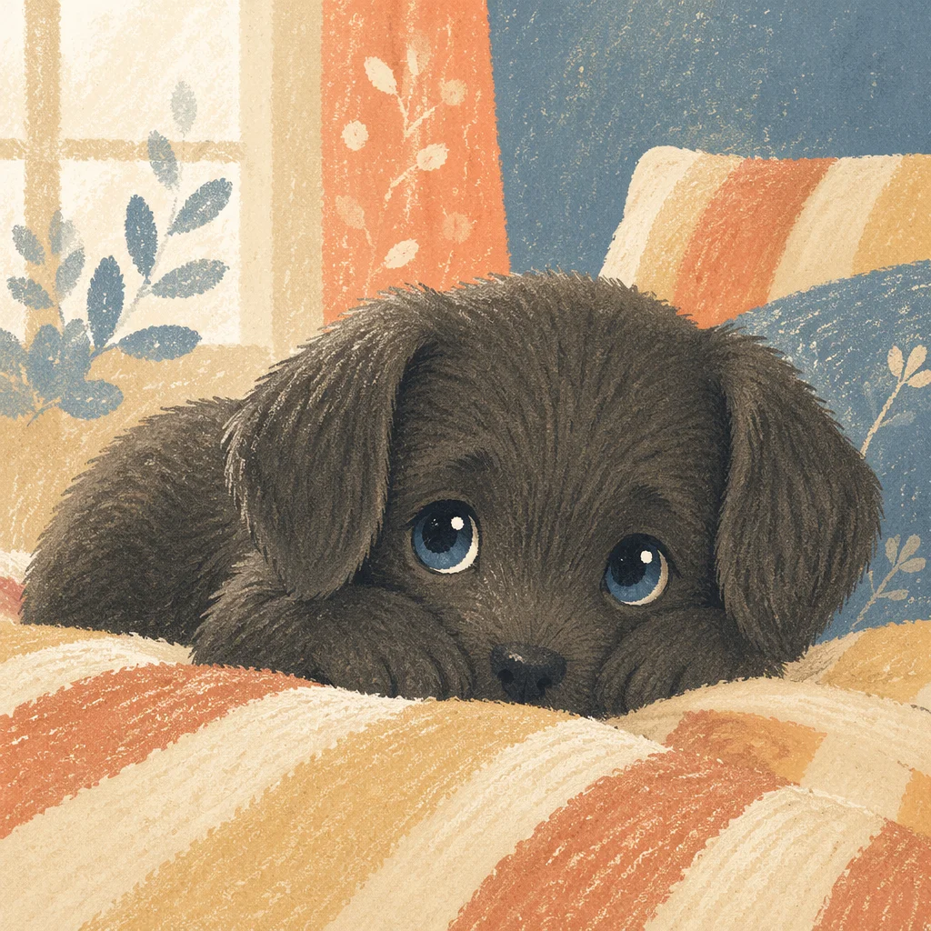 Adorable Charcoal Puppy on Striped Bedspread